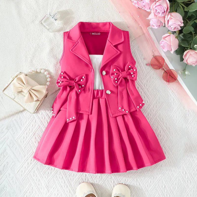 Girls Fuchsia Bow Applique Top With Camisole Top And Pleated Skirt Sets 3 pc. Sets