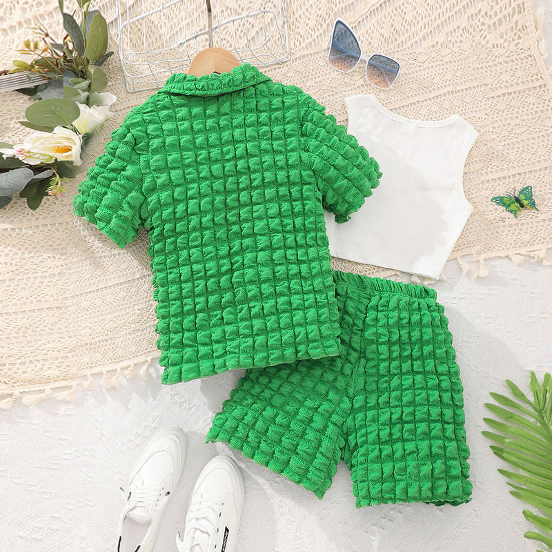 Girls Green Waffle Textured Shirt with Shorts Set Sets