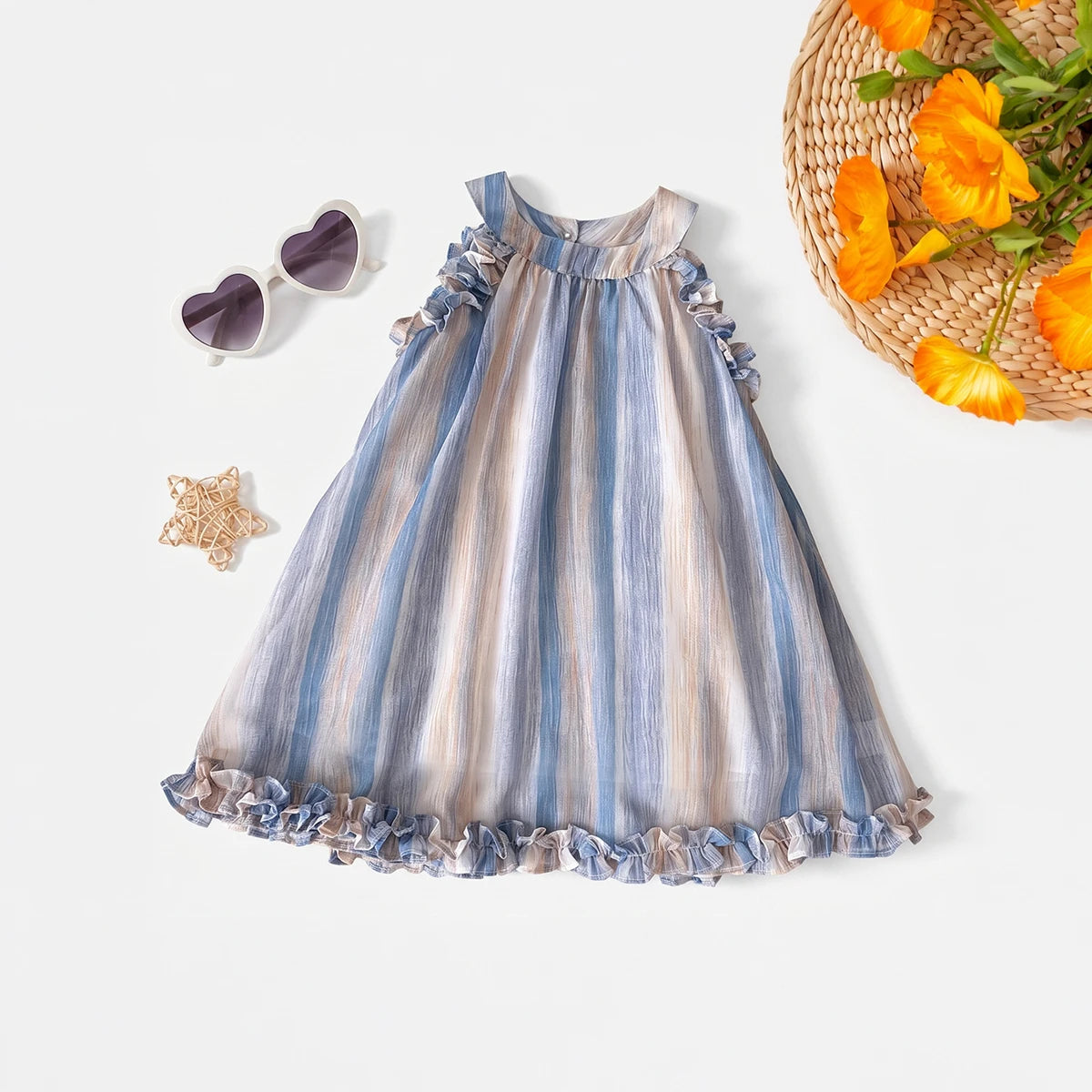 Girls Blue Striped Sleeveless Ruffled A-line Dress Casual Dresses Blue 1-2 Y