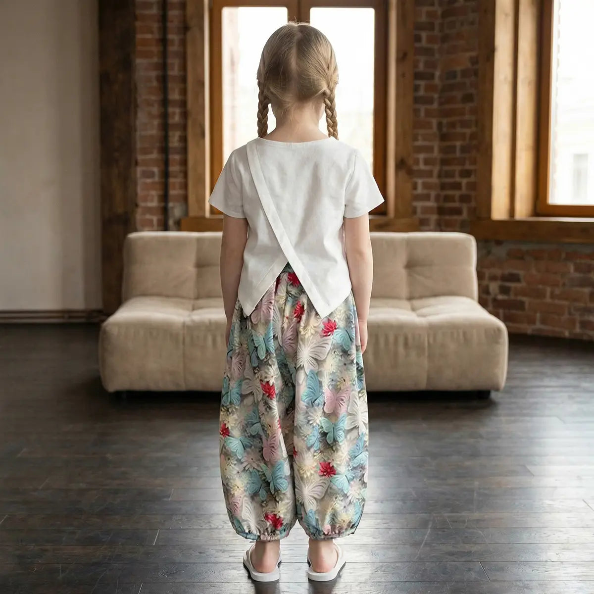 Girls Off White Graphics Top With Floral Printed Crop Pants Set Sets