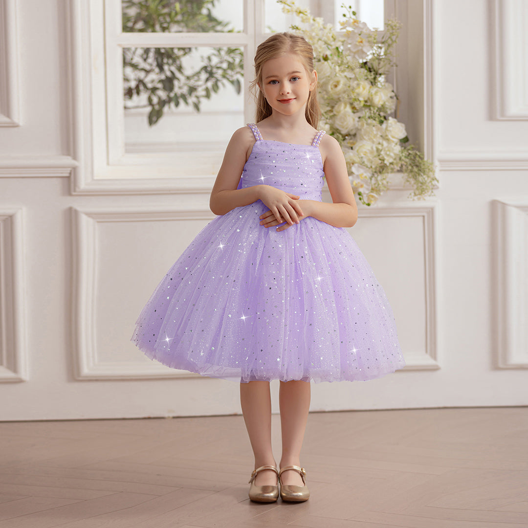 Girls Lilac Glitter Tulle Party Dress with Beaded Straps Party Dresses