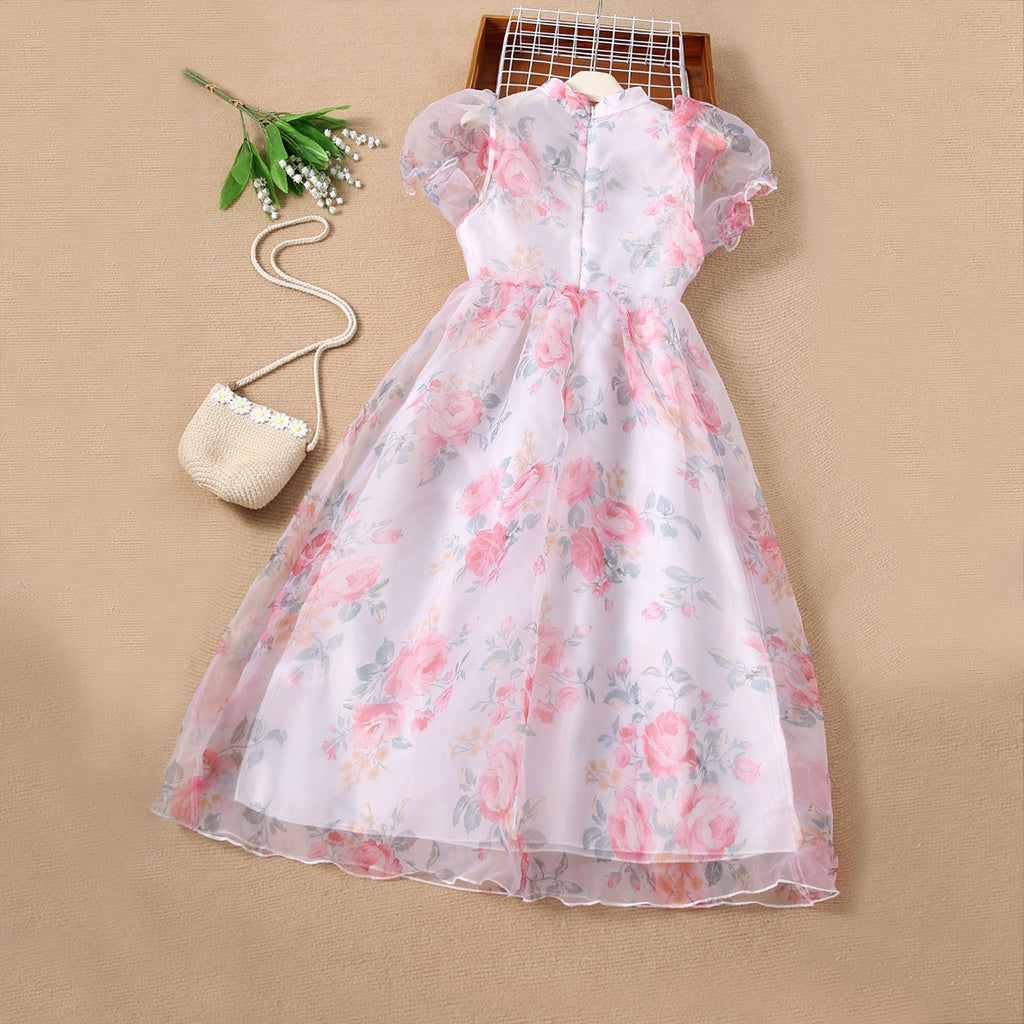 Girls Pink Floral Printed Semi-Casual Dress Casual Dresses