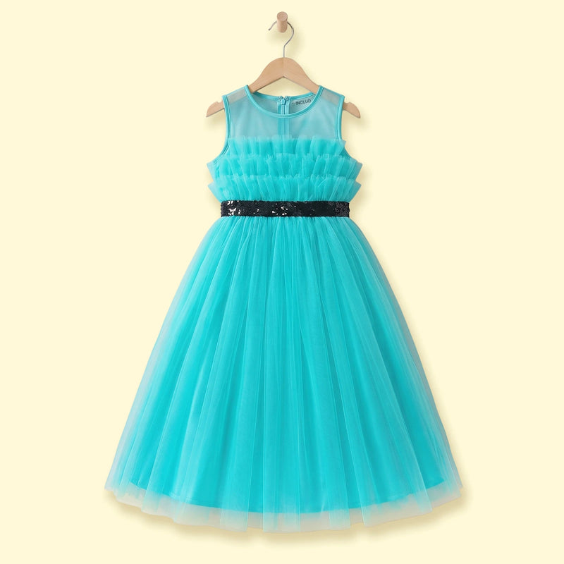 Girls Sea Green Ruffled Sleeveless Fit & Flare Party Dress Party Dresses Sea Green 1-2 Y