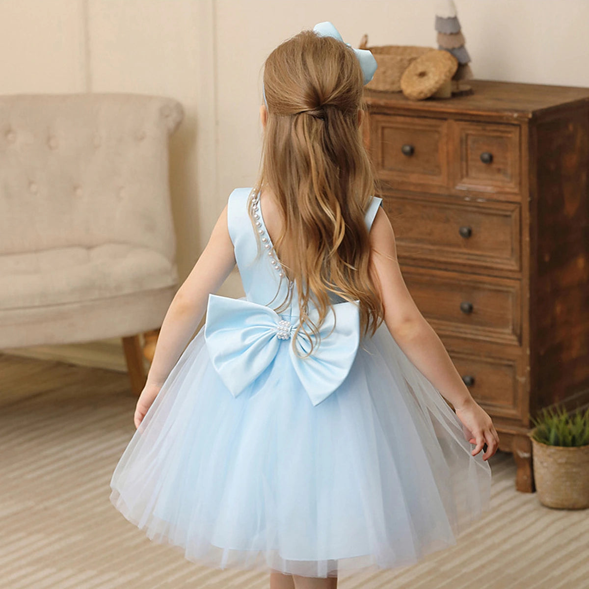 Girls Light Blue Beaded Neck Sleeveless Fit & Flare Party Wear Dress Party Dresses