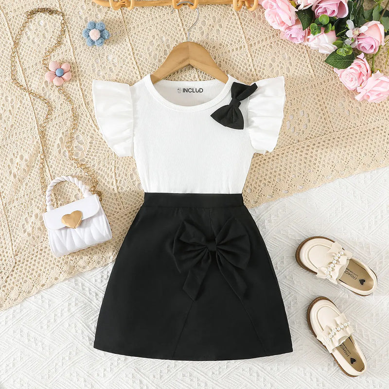 Girls Black Bow Applique Top With Elasticated Skirt Sets 2 pc. Sets Black 2-3 Y