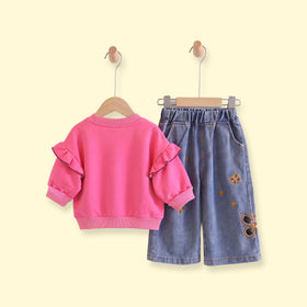 Girls Fuchsia Graphic Ruffled Sweatshirt & Denim Pants Sets Sets
