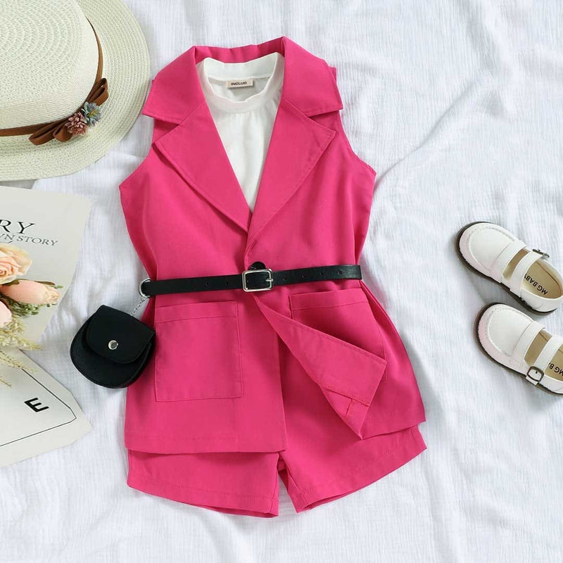 Girls Red Sleeveless Jacket With T-Shirt & Shorts Set Sets   