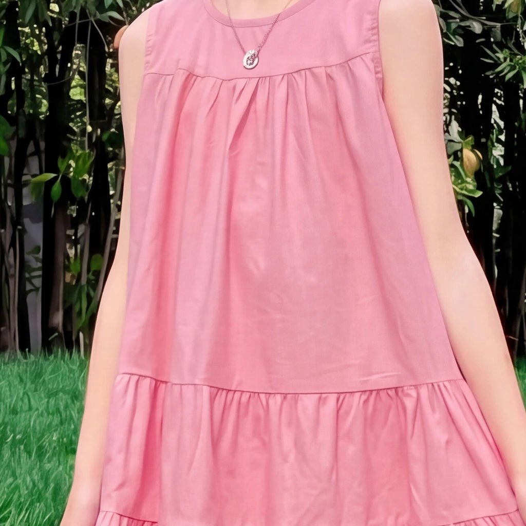 Girls Pink Solid Sleeveless Tiered Dress Casual Dresses