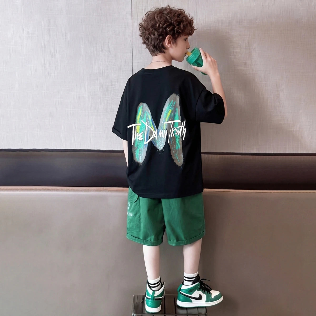 Boys Black Graphic Print Short Sleeve T-Shirt With Elasticated Shorts Sets 2 pc. Sets