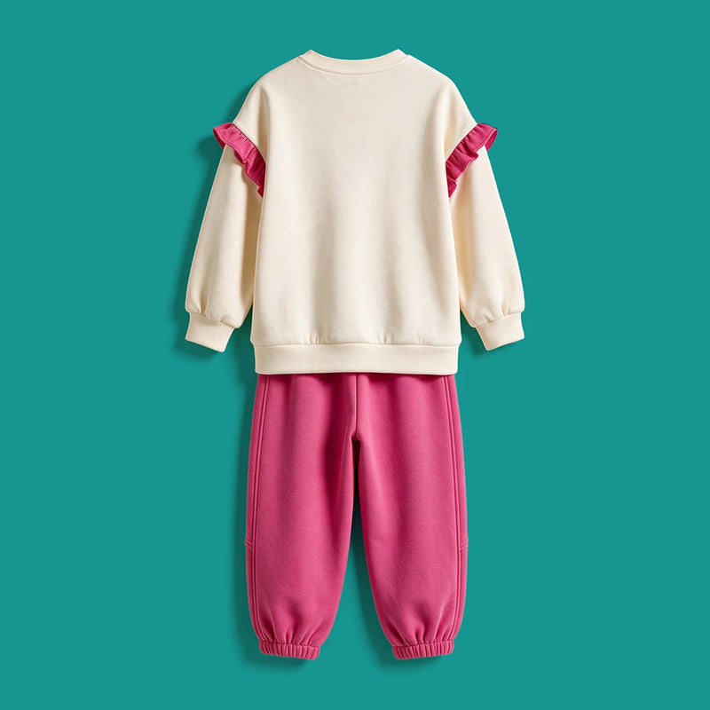Girls Fuchsia Graphic Ruffled Sweatshirt With Joggers Sets Sets