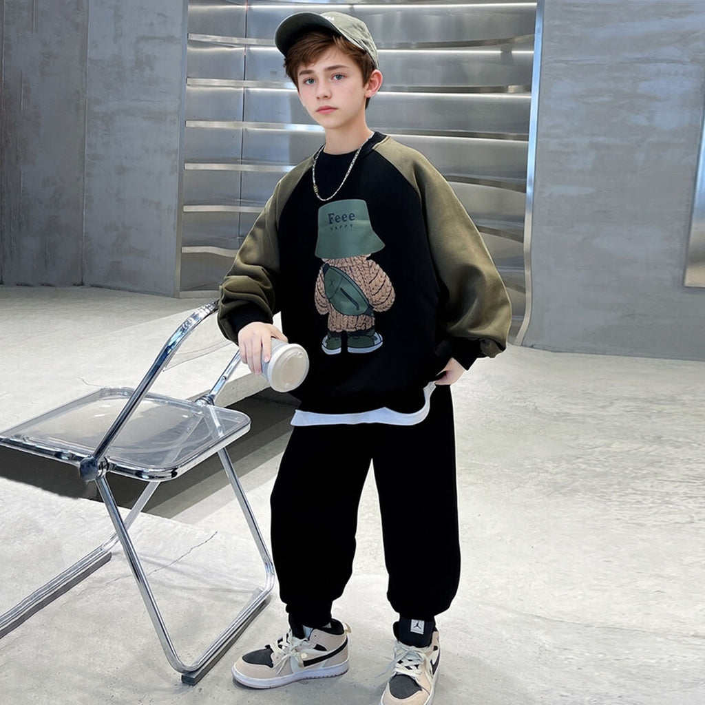 Boys Black Graphics Printed Sweatshirt With Joggers Winter Sets 2 pc. Sets