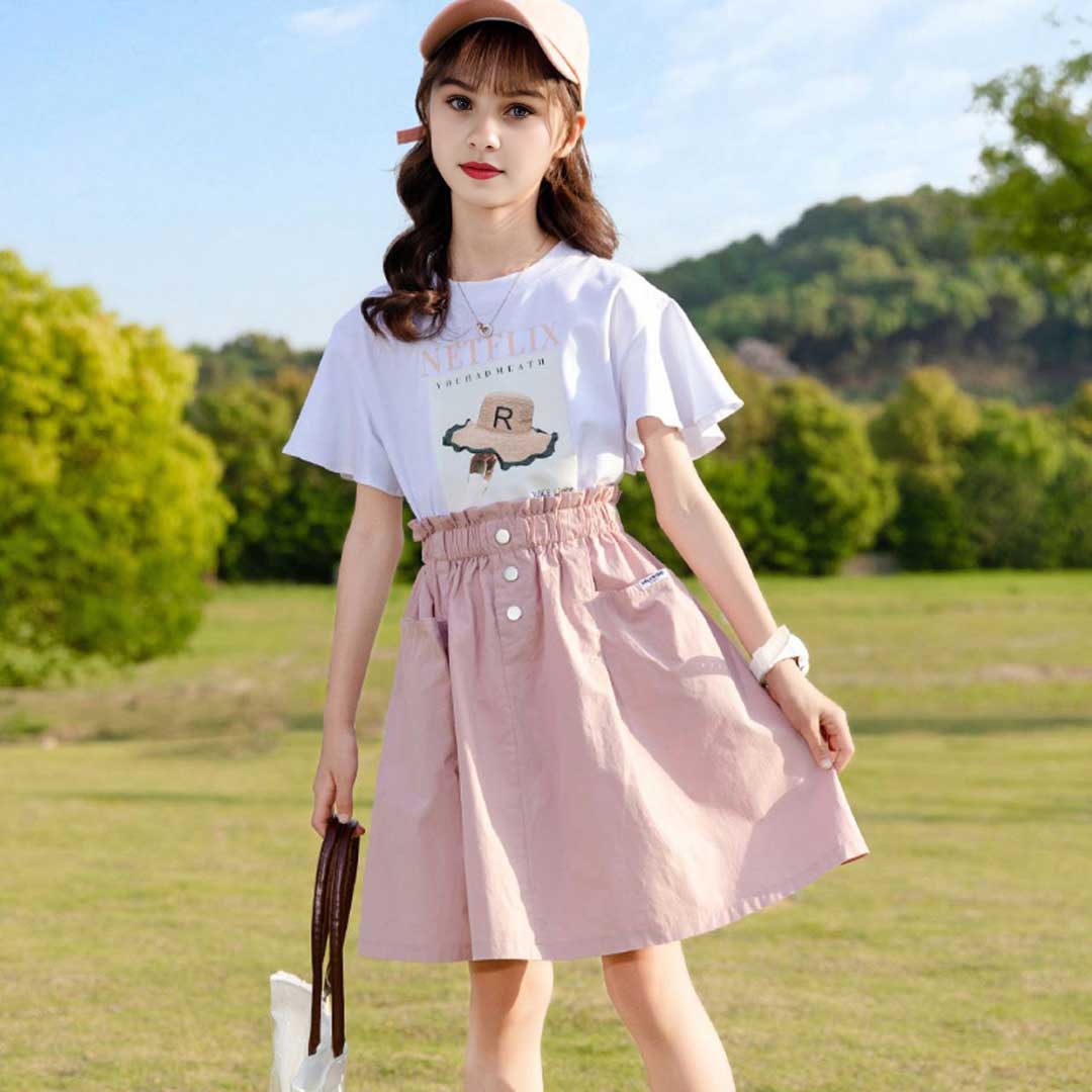 Girls Netflix Print T-Shirt With Denim Skirt Set 2 pc. Sets   