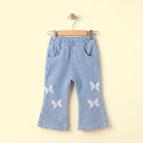 Girls Light Blue Butterfly Applique Denim Jeans Pants Light Blue 1-2 Y