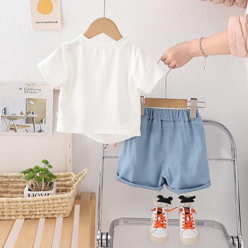 Girls White Rabbit Appliqued T-Shirt With Denim Shorts Set 2 pc. Sets
