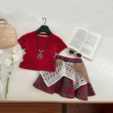 Girls Red Short Sleeve Top With Checked Skirt Sets