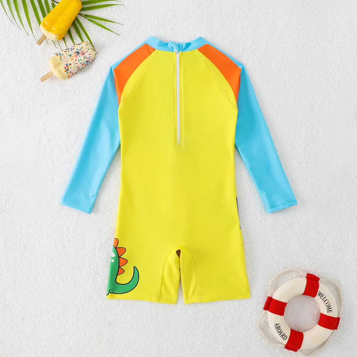 Boys Yellow Graphics Swimwear Bodysuit With Long Sleeves Beachwear