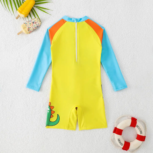 Boys Yellow Graphics Swimwear Bodysuit With Long Sleeves Beachwear