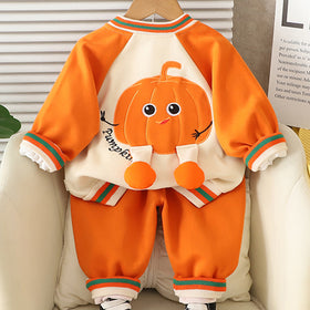 Boys Orange Pumpkin Embroidered Varsity Jacket With T-Shirt & joggers Set Sets