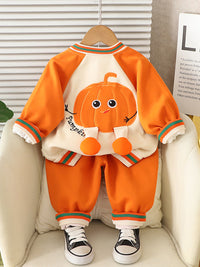 Boys Orange Pumpkin Embroidered Varsity Jacket With T-Shirt & joggers Set Sets