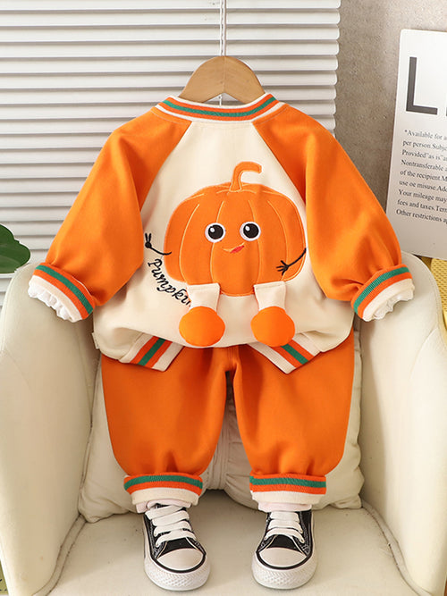 Boys Orange Pumpkin Embroidered Varsity Jacket With T-Shirt & joggers Set Sets