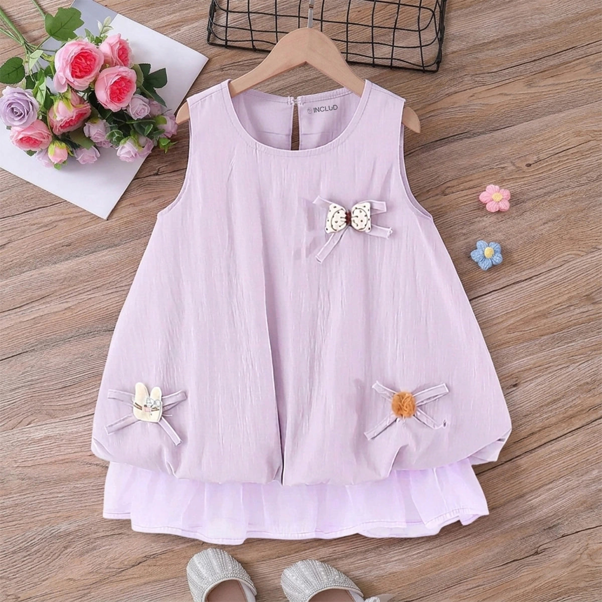 Girls Purple Bow Applique Balloon Dress Casual Dresses Purple 1-2 Y