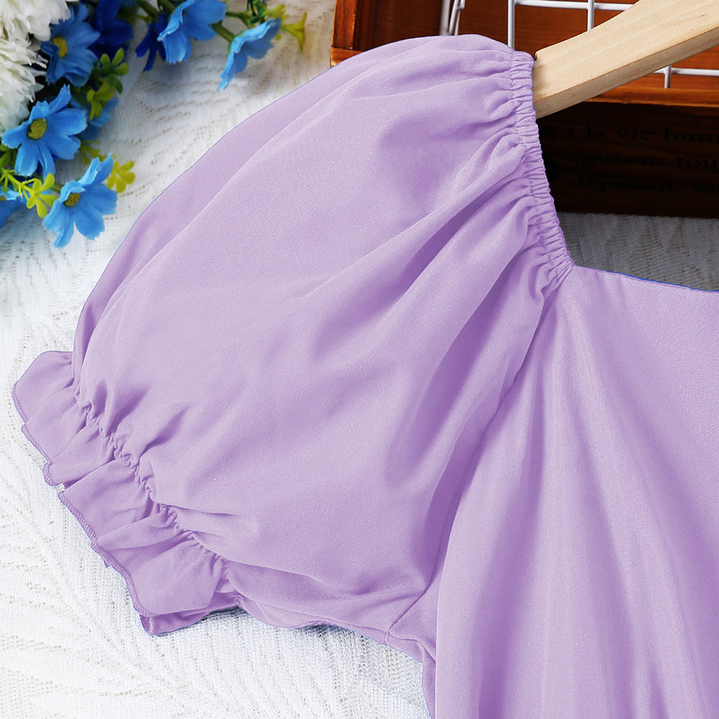 Girls Purple Short Sleeve Fit & Flare Square Neck Dress Casual Dresses