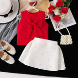 Girls Red Bow Applique Top With Pearl Embellished Skirt Sets