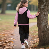 Girls Pink Typographic Printed Front Open Hooded Swetashirt With joggers Set 2 pc. Sets