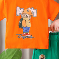 Boys Orange Teddy With Bag Pack Printed T-Shirt With Shorts set 2 pc. Sets