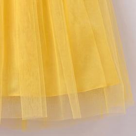 Girls yellow sleeveless party gown with floral applique and tulle