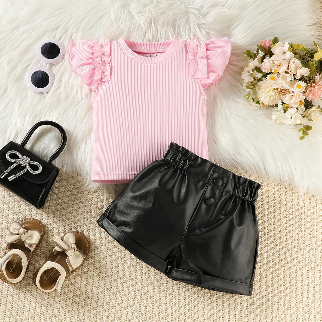 Girls Light Pink Ribbed Flutter Sleeve Top With Faux Leather Shorts Sets 2 pc. Sets Light Pink 1-2 Y