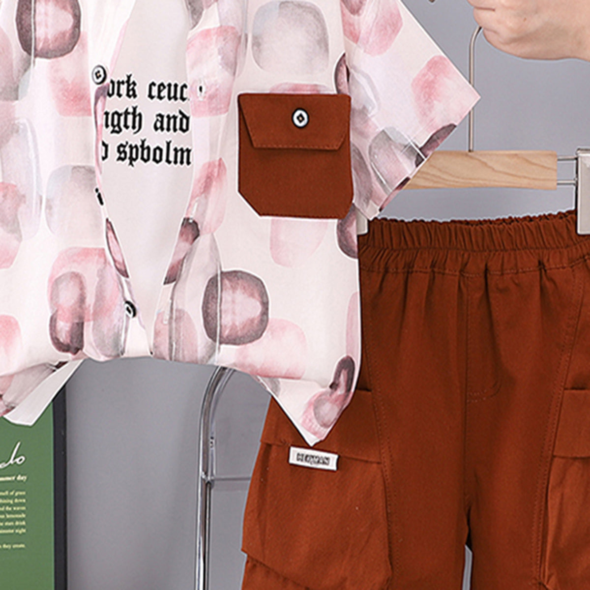 Boys Contrast Front Pocket Printed Shirt With Brown Shorts Set 2 pc. Sets