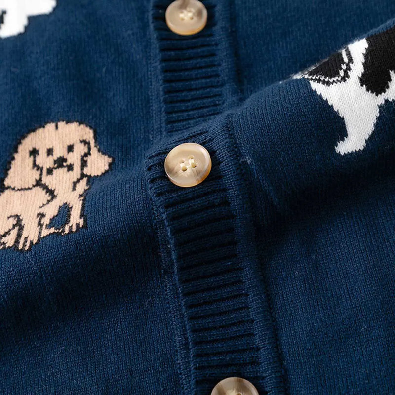 Boys Navy Blue Cardigan With Self-Design Puppy Patterns Sweaters & Cardigans