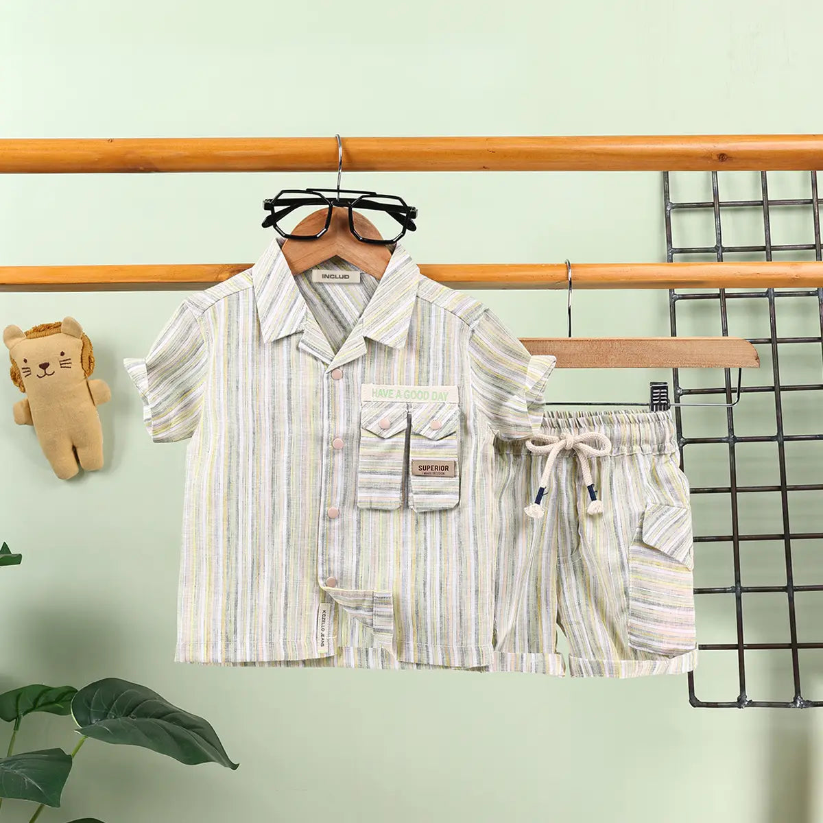 Boys Green Stripes Short Sleeve Shirt With Elasticated Shorts Sets 2 pc. Sets Green 6-12 M