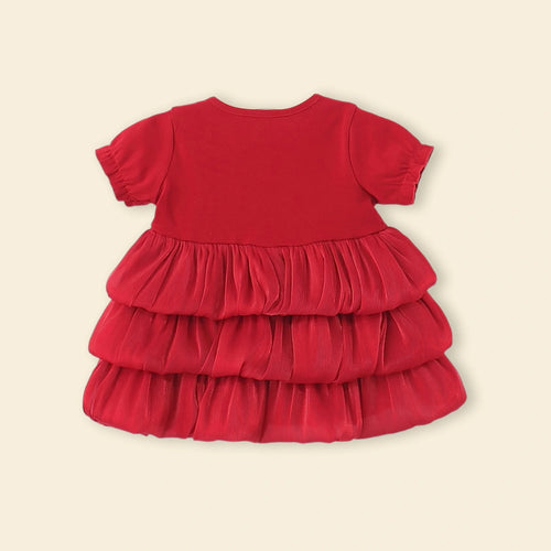 Girls Red Solid Layered Ruffle Dress With Bow Casual Dresses
