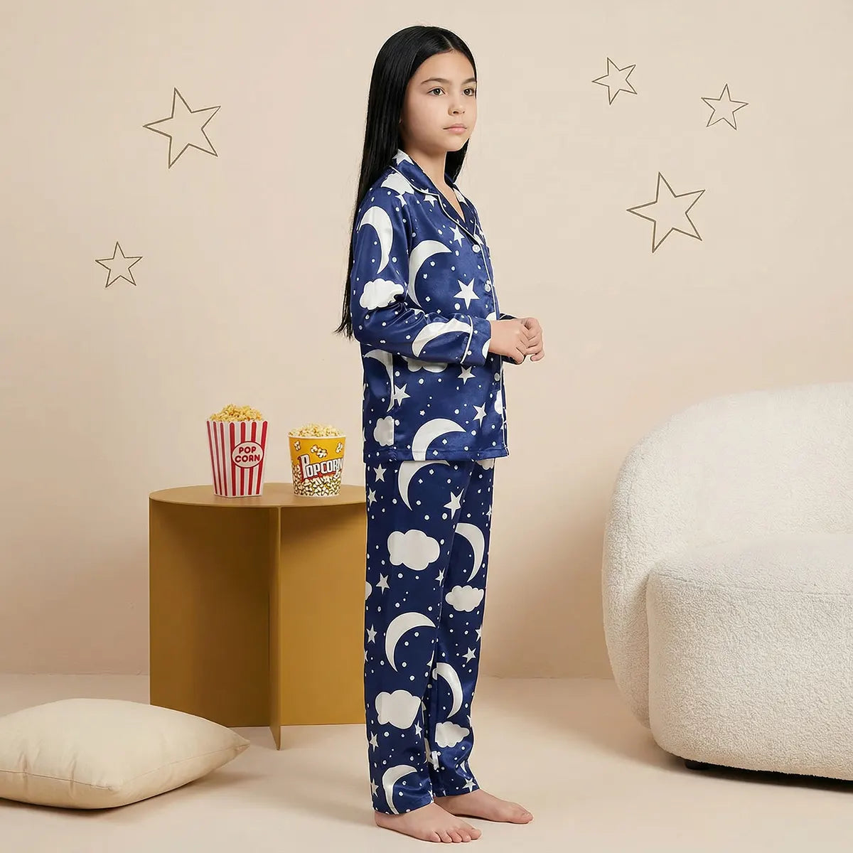Girls Blue Star & Cloud All-over Printed Button-down Shirt With Pajama Co-ord Sets Sets