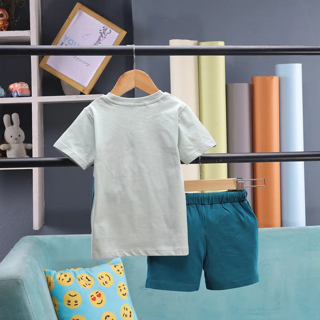 Boys Light Green Typographic Print Short Sleeve T-Shirt With Shorts Sets 2 pc. Sets