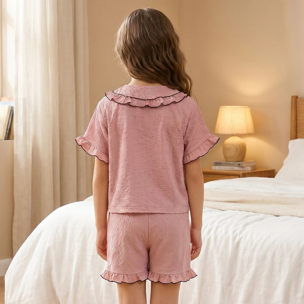 Girls Pink Textured Short Sleeve Top With Shorts Sets 2 pc. Sets