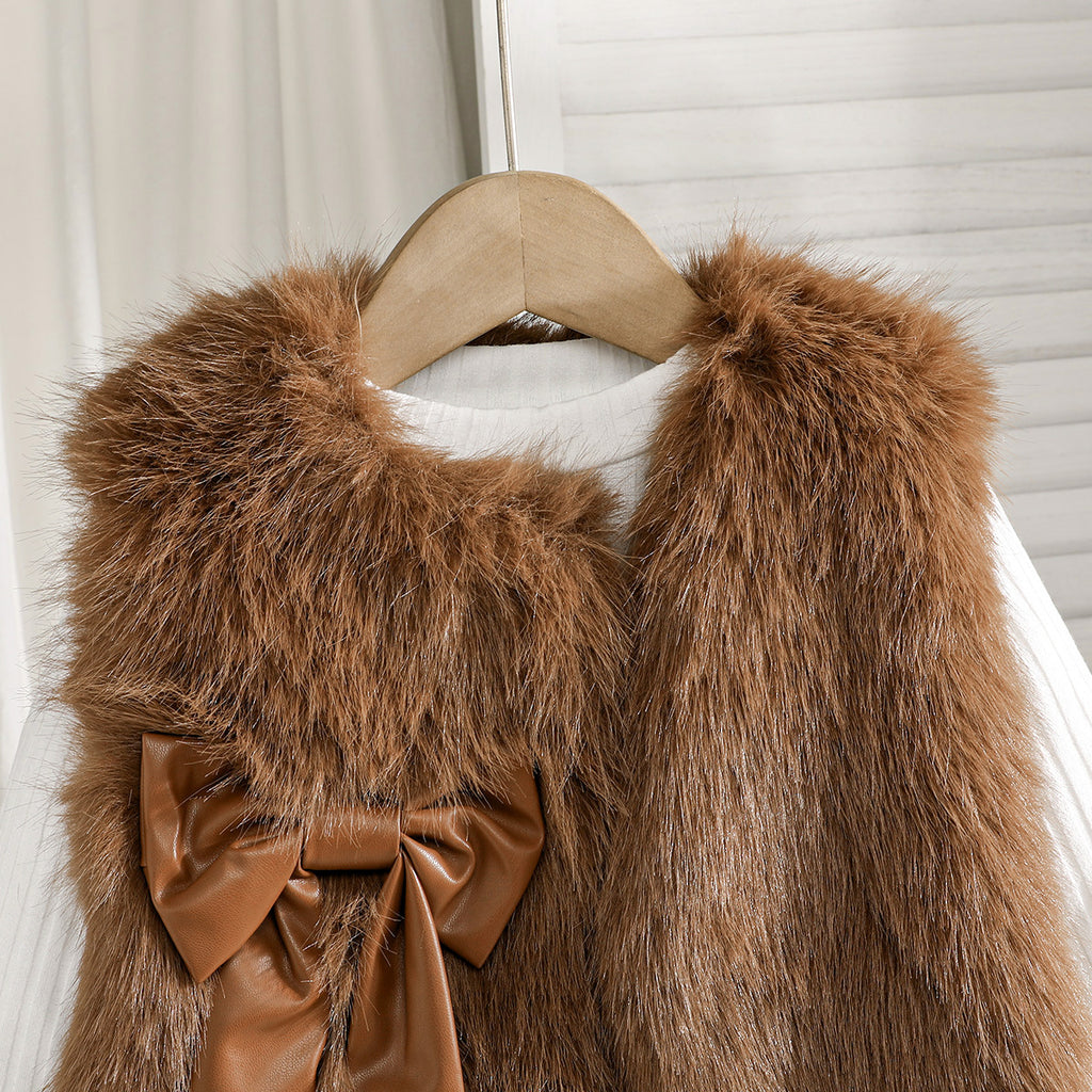 Girls Dark Brown Faux Fur Jacket with Skiwi & PU Flared Skirt Set Sets