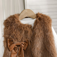 Girls Dark Brown Faux Fur Jacket with Skiwi & PU Flared Skirt Set Sets