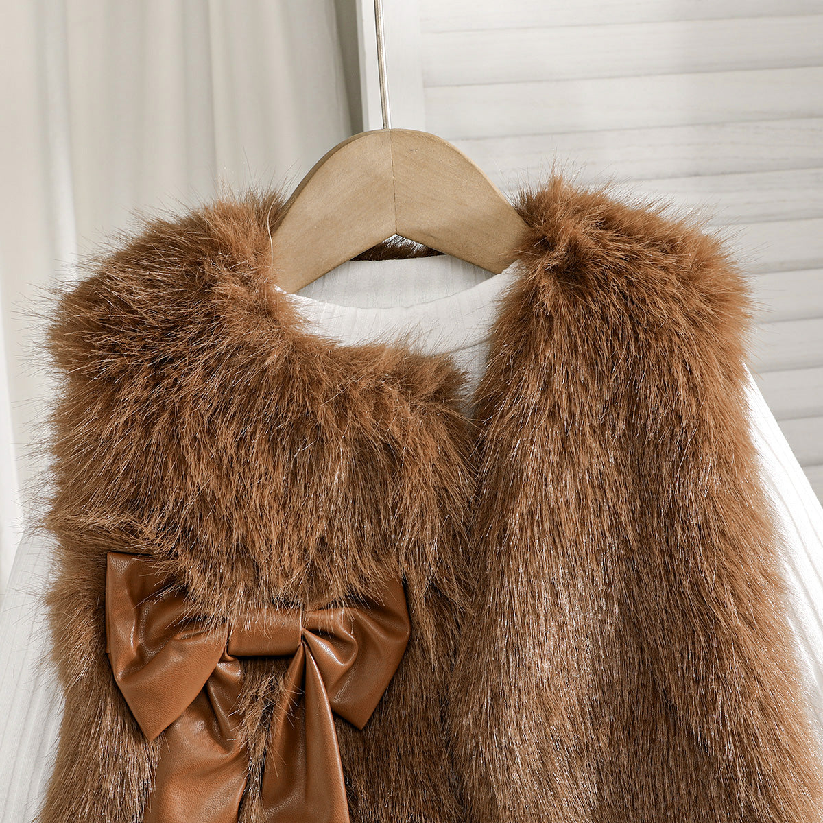 Girls Dark Brown Faux Fur Jacket with Skiwi & PU Flared Skirt Set Sets