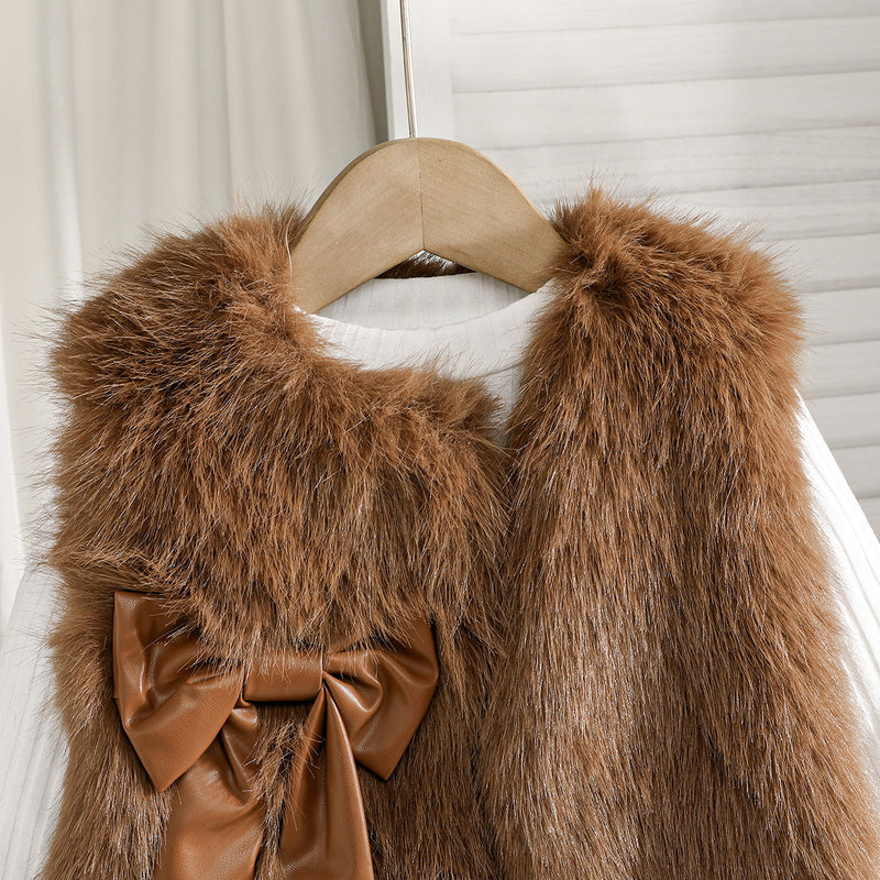 Girls Dark Brown Faux Fur Jacket with Skiwi & PU Flared Skirt Set Sets