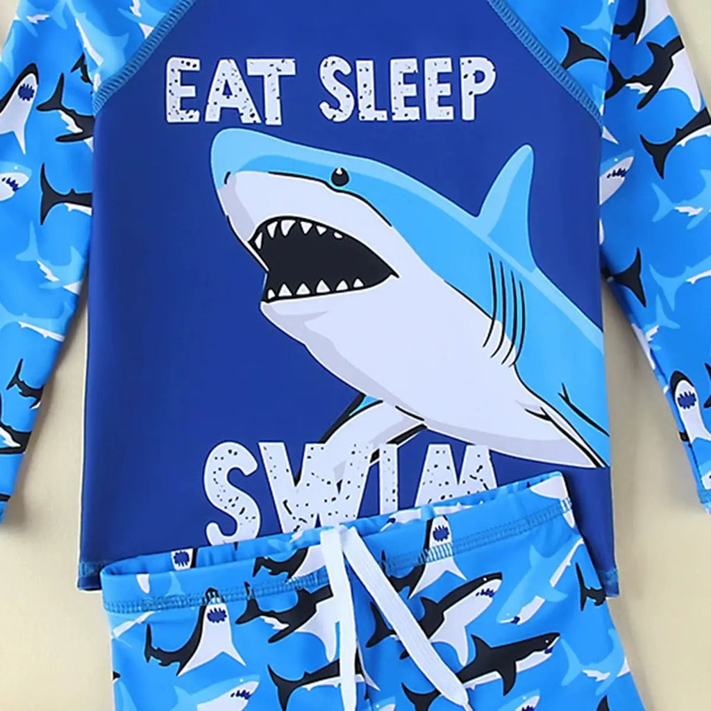 Boys Blue Shark Printed Long Sleeves T-Shirt & Shorts With Cap Swimsuit Sets Sets