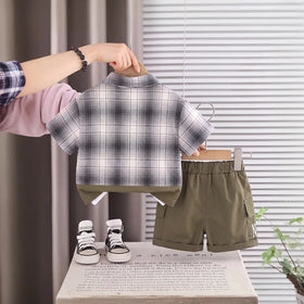 Boys Grey Checked Short Sleeve Shirt With Printed T-Shirt And Denim Shorts Sets 3 pc. Sets
