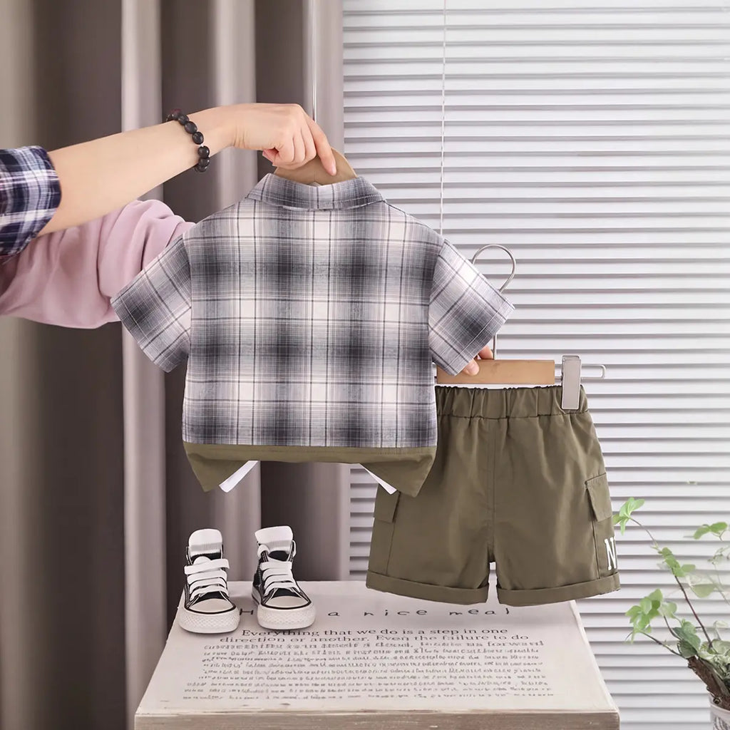Boys Grey Checked Short Sleeve Shirt With Printed T-Shirt And Denim Shorts Sets 3 pc. Sets