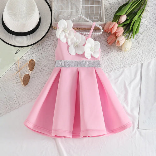 Girls Pink One Shoulder Fit & Flare Party Wear Dress With 3D Flowers Appliques Party Dresses Pink 2-3 Y