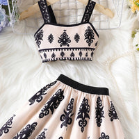 Girls Beige Ethnic Print Sleeveless Top With Skirt Sets 2 pc. Sets