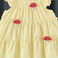 Girls Yellow Mushroom Applique Short Sleeve Tiered Dress Casual Dresses