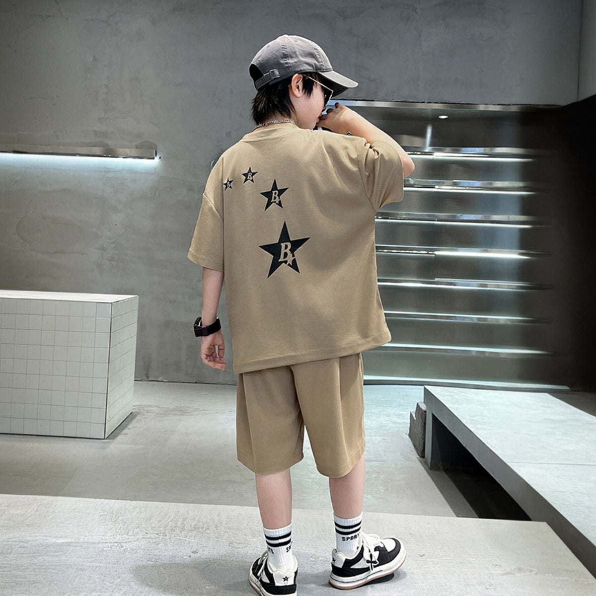 Boys Khaki Star Printed Summer Oversized T-Shirt With Shorts Set 2 pc. Sets