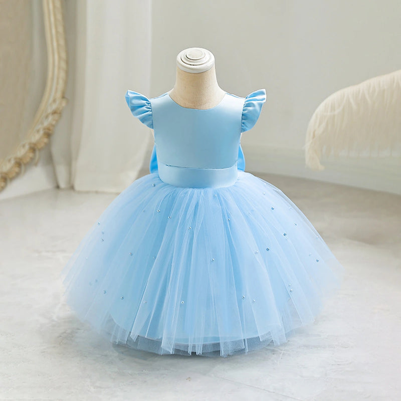 Girls Sky Blue Pearl-Embellished Flutter Sleeve Fit & Flare Dress Casual Dresses Sky Blue 2-3 Y